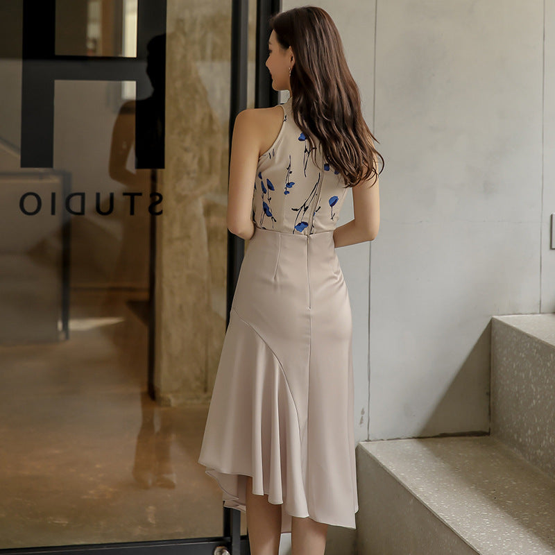 Sleeveless Print Top High Waist Slit Skirt Two Piece Women's
