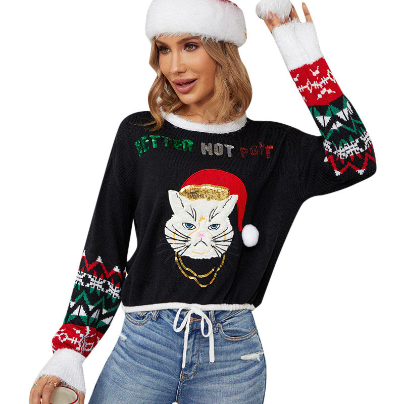 Sequined Embroidered Cat Short Jacquard Christmas Sweater