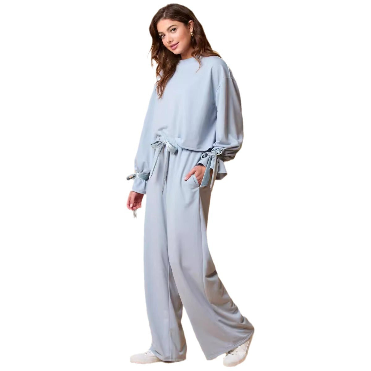 Velvet Bow Decoration Long-sleeved Trousers Two-piece Suit