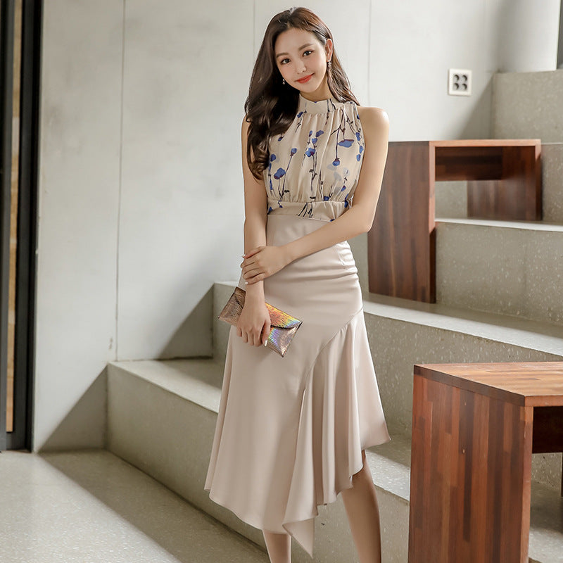 Sleeveless Print Top High Waist Slit Skirt Two Piece Women's